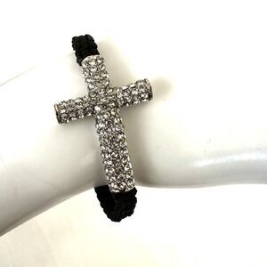 Rhinestone cross black cord adjustable bracelet